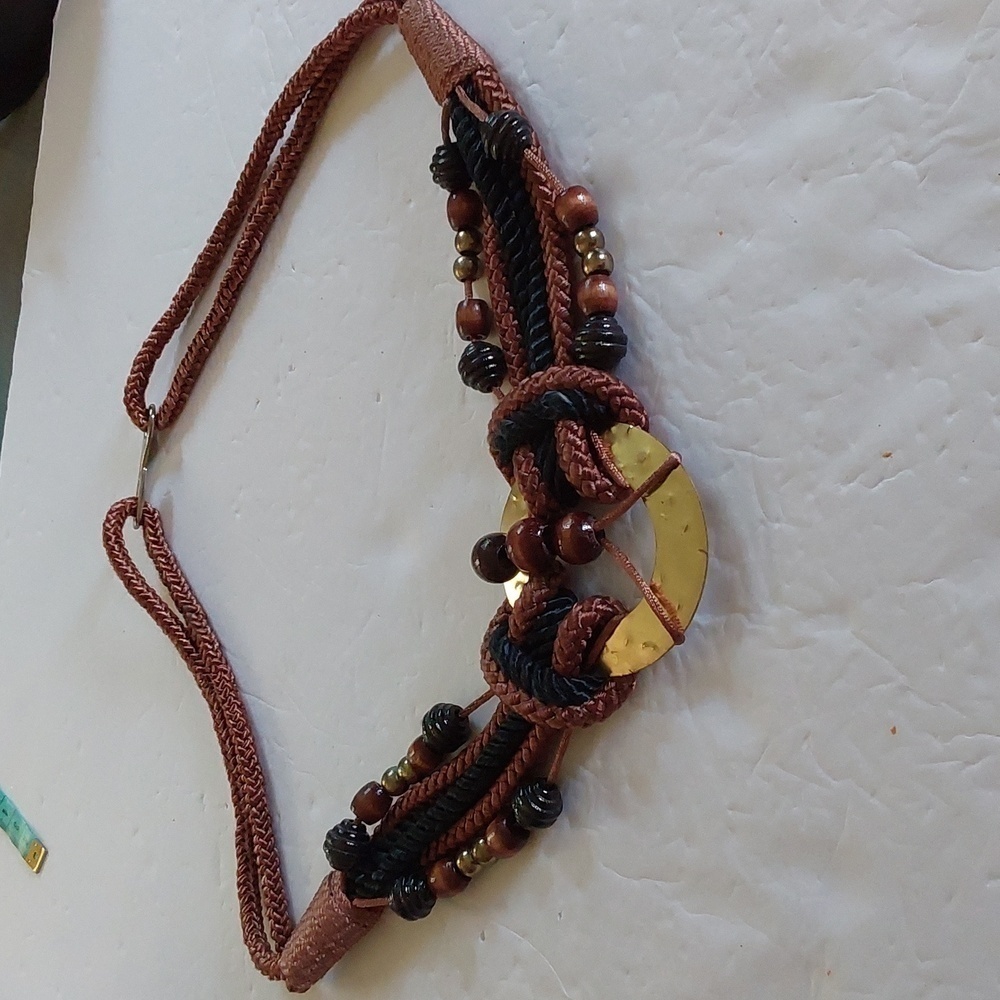 Women's Brown Cord Gold EMBLEM Beads Dress Belt Boho Neutral Sz. S/M